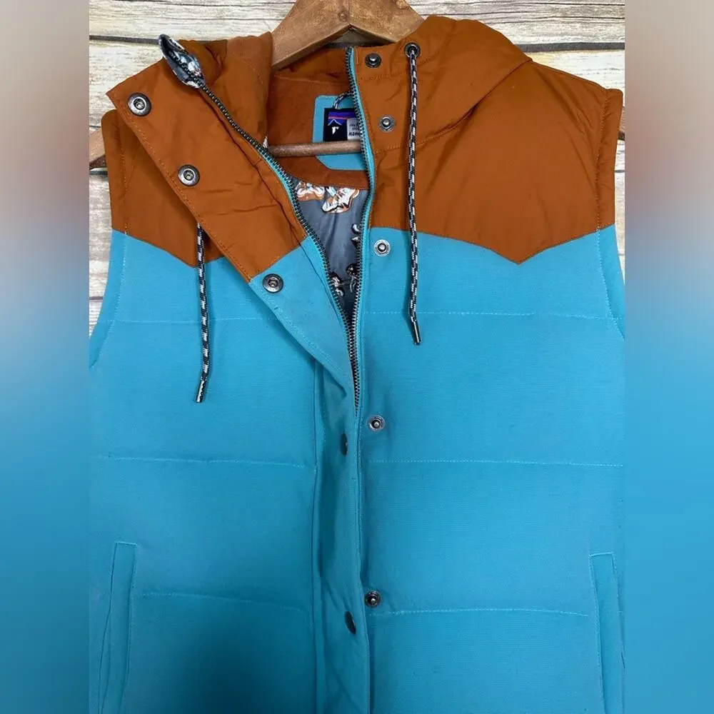 Patagonia Bivy Hooded Down Vest in Mogul Blue size L mushroom print interior